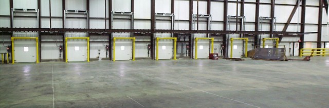 Photo panorama of cold storage warehouse interior vertical doors.